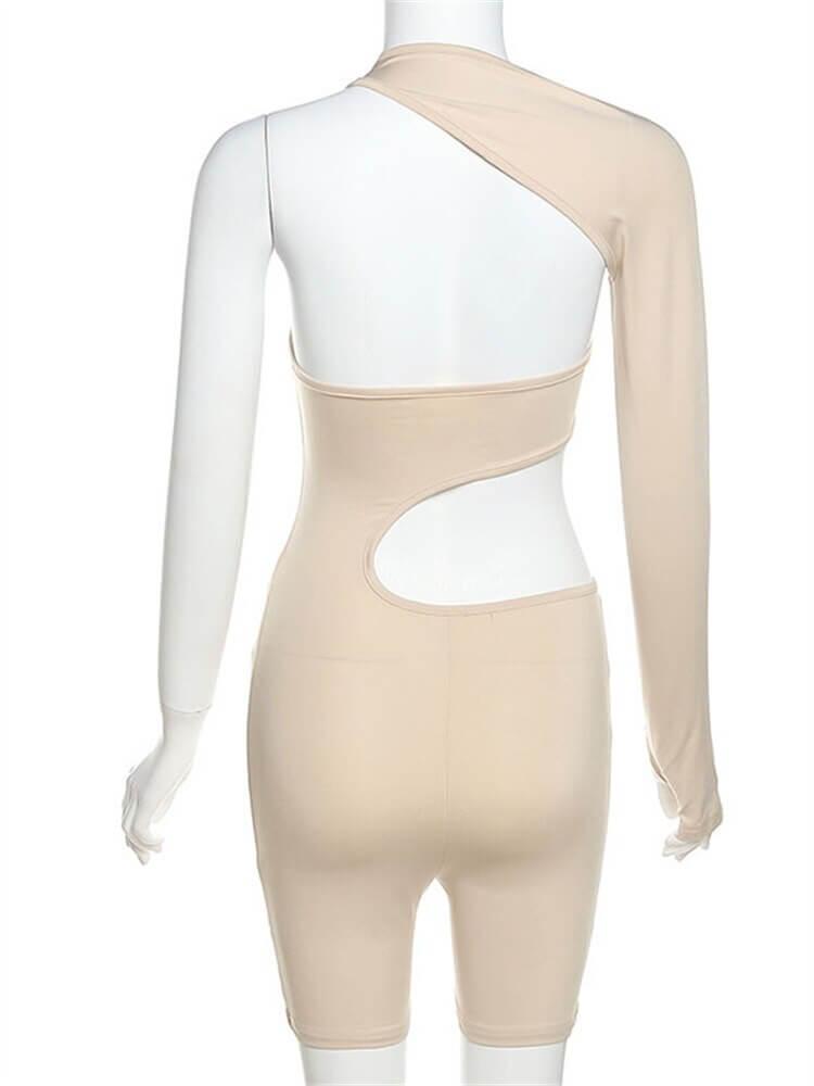 Back view of asymmetrical high waist romper for women in beige, featuring one shoulder design and stretchable fabric. Ideal for casual wear.